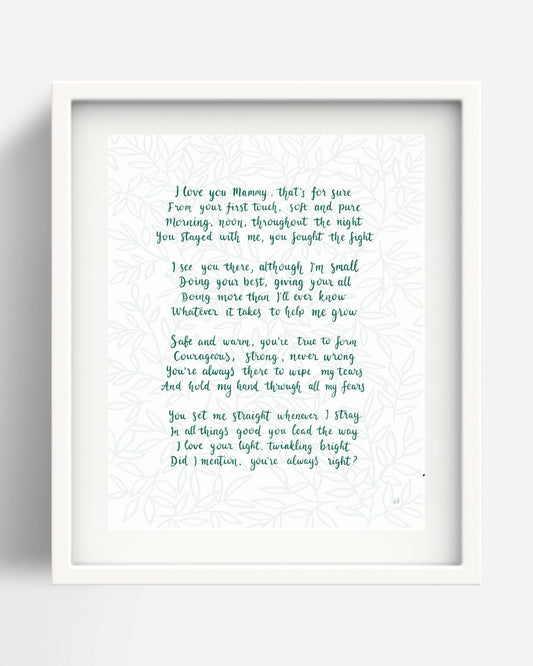 A framed poem written by Una Heaney about mothering and being a mother but from the perspective of the child admiring her. Written in a deep green hand-writing against a background of soft leaves.