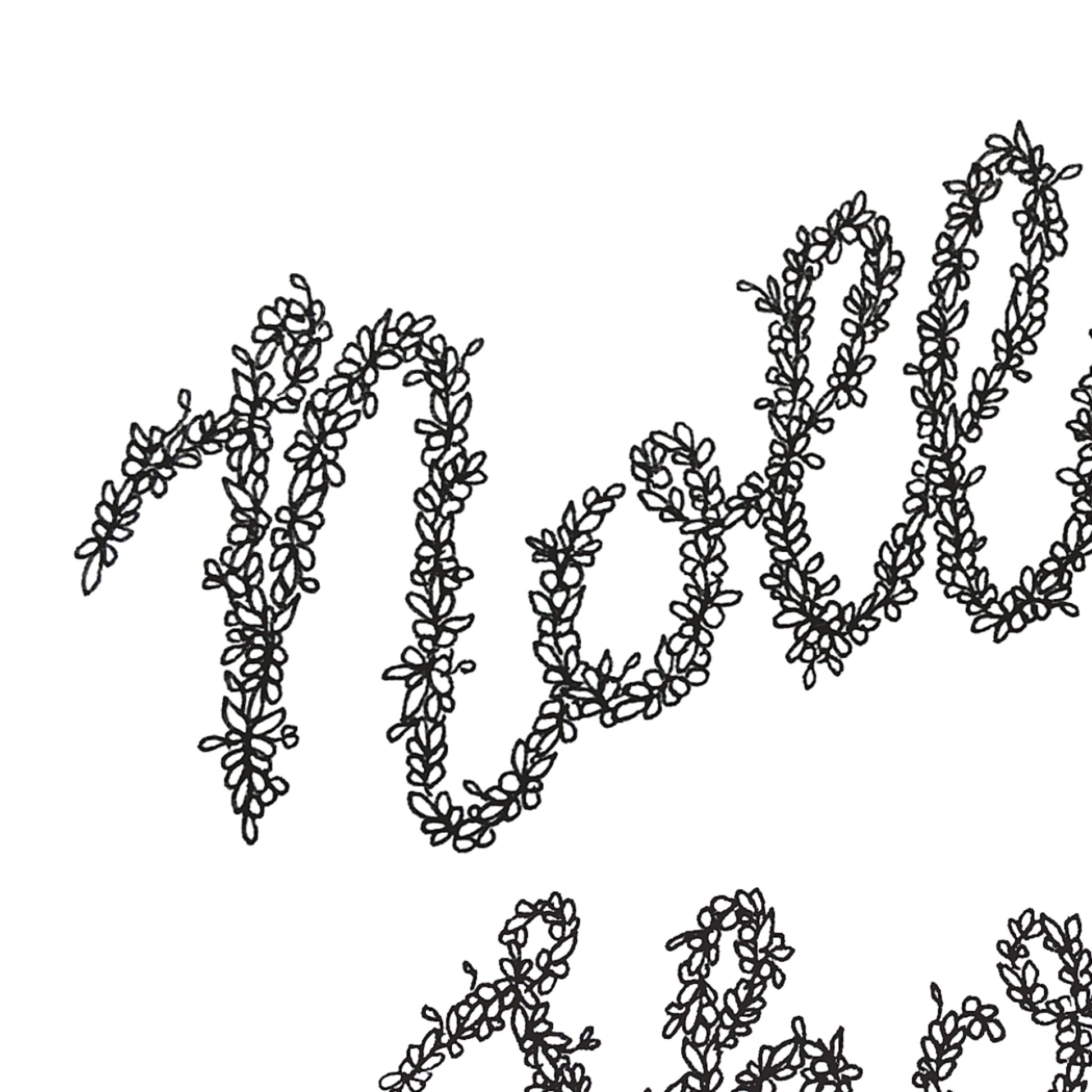 Image shown is a Nollaig Shona illustration which is the Irish saying Happy Christmas. Image is hand drawn from flowers petals and plants all drawn in black and white. Image is shown in a close up view to show the detail in the floral drawing. 