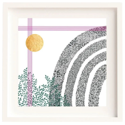 Image is of a framed art print. The frame is white, and square. There is a white mount surround the print. The print is of a black pen illustration of a rainbow made of leaves. In the bottom left corner there is a cluster of green leaves. Up the left side and across the very top there are five pink lines close together like music lines. In the left top corner a little below the pink lines there is a circle of hand-applied gold leaf.