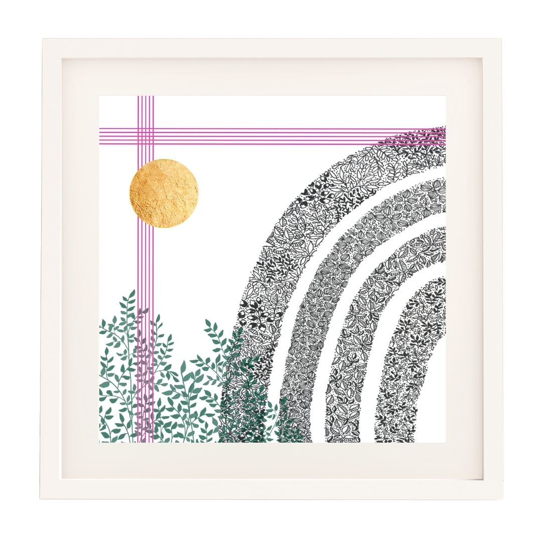 Image is of a framed art print. The frame is white, and square. There is a white mount surround the print. The print is of a black pen illustration of a rainbow made of leaves. In the bottom left corner there is a cluster of green leaves. Up the left side and across the very top there are five pink lines close together like music lines. In the left top corner a little below the pink lines there is a circle of hand-applied gold leaf.