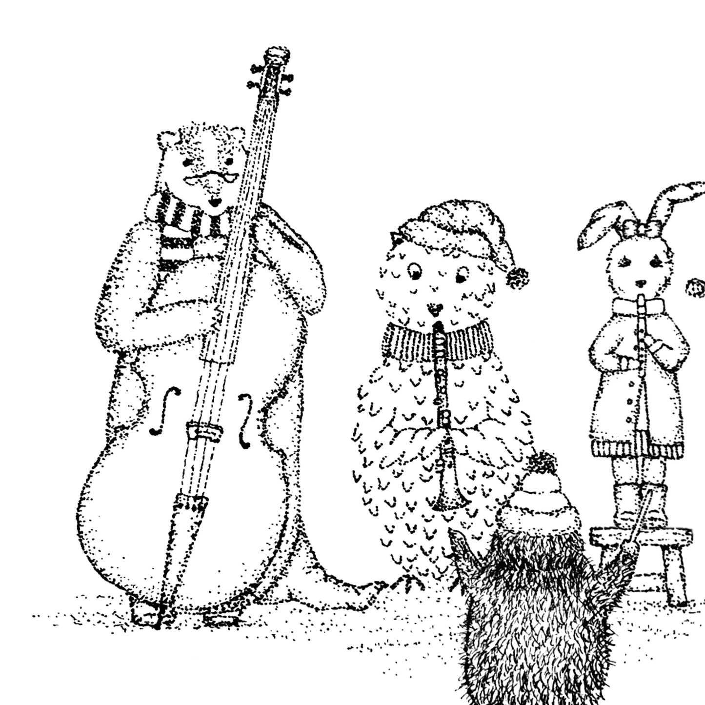 image shows illustration card of woodland animals playing music while a hedgehog directs the concert. Image shows 4 animals lined up. Image is made from dot and stroke drawings. Image is all black and white. Image is in a close up view to show the detailed dot art. 