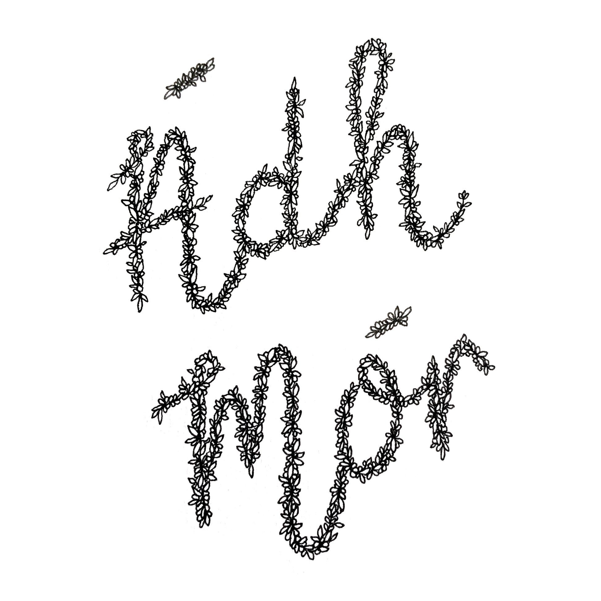 Image shows an Irish language greeting card that says Ádh Mór. The words ádh mór mean good luck in Irish and the words themselves are drawn entirely from a long string of leaves and petals. The illustration is done with black pen and the card itself is white. The image is a clear picture of the card design in full with no extra presentation.