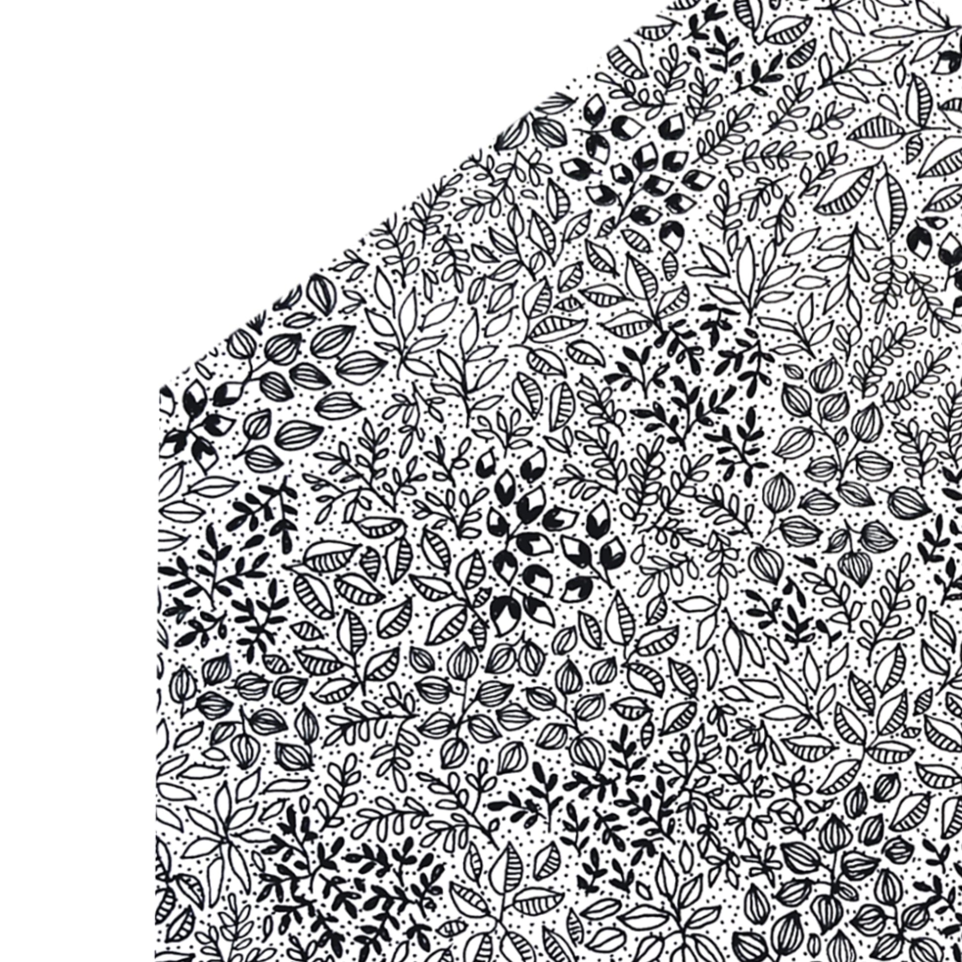 Closeup picture of our Baile (which means Home in Irish) card. The new home card is drawn with black pen and is made up of floral details in the shape of a house.