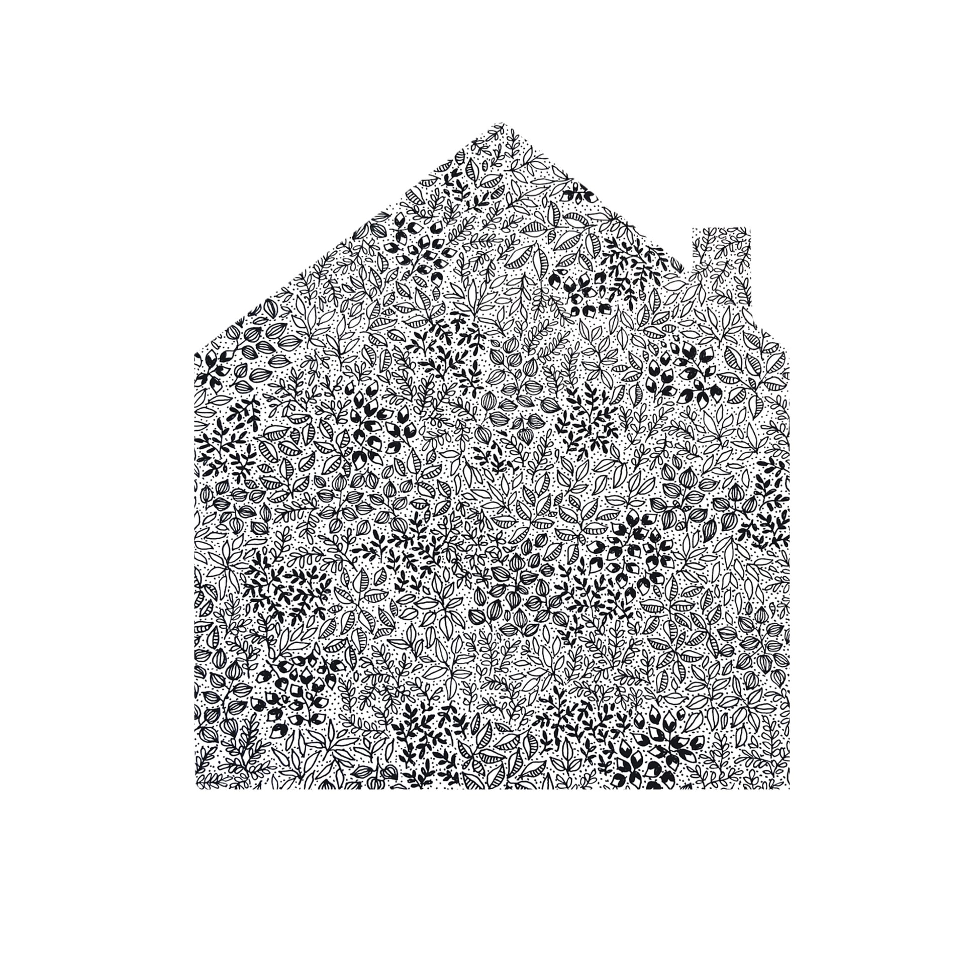 Black and white house made up of flowers and leaves, floral details and dots. The black pen drawing is delicate, intricate and a piece of art in itself. 