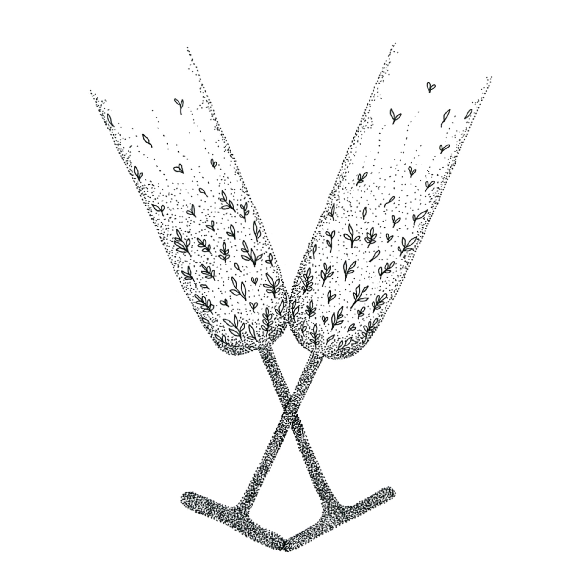 Image shows plain illustration of two champagne glasses clinking together. Image is entirely made from black and white floral drawings.