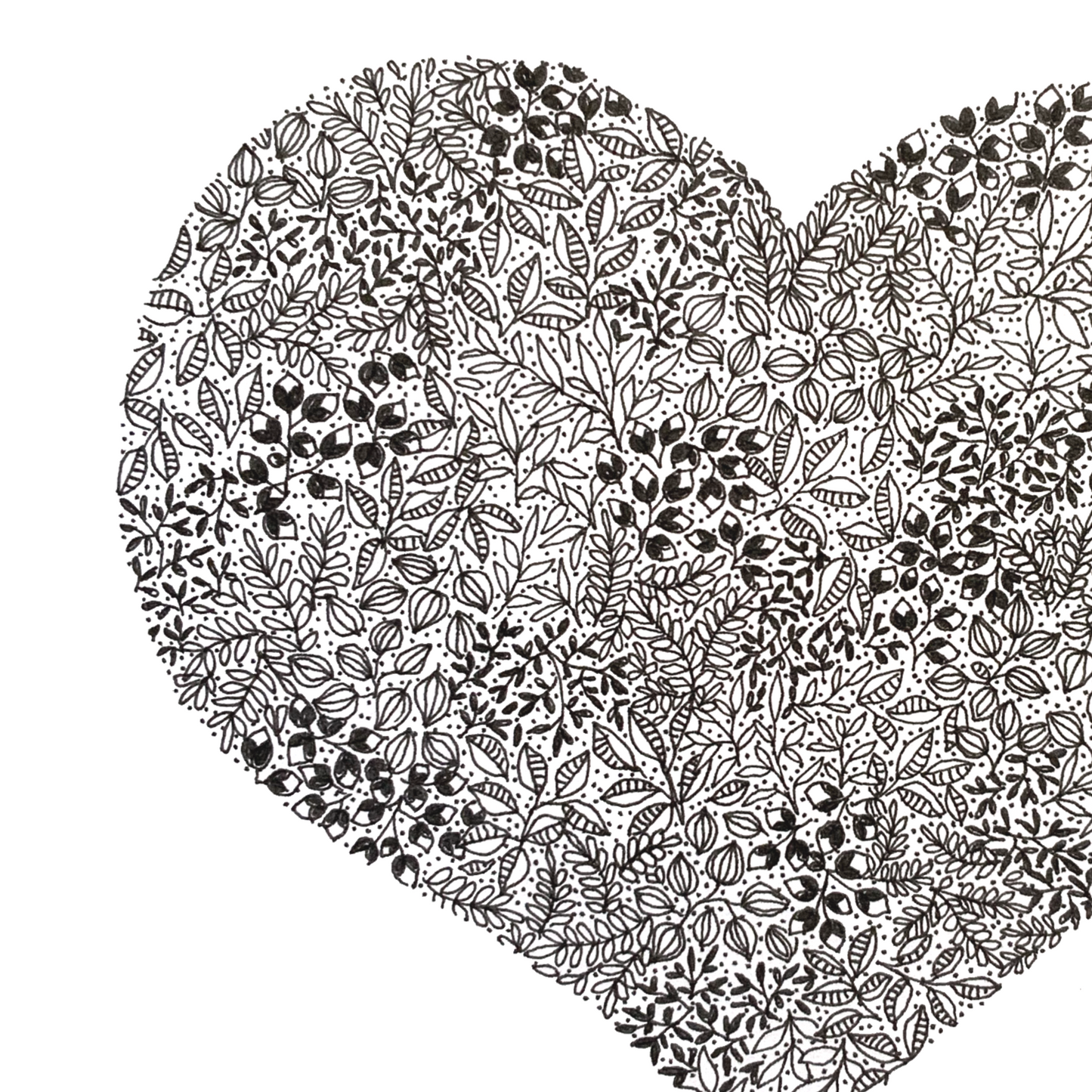 Image shows close up of a Love heart made from entirely black and white floral drawings. 