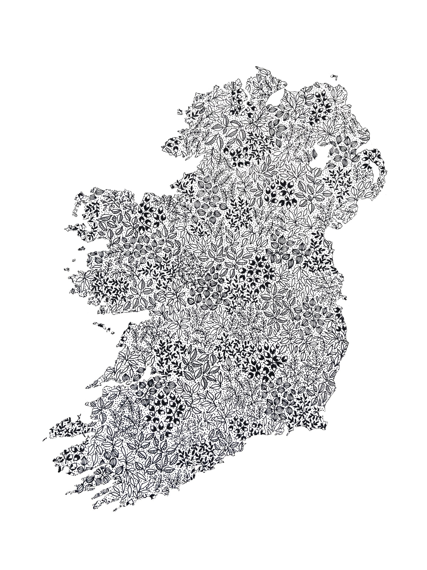 Image shows plain background illustration of the map of Ireland. Illustration is made from black and white floral drawings. 