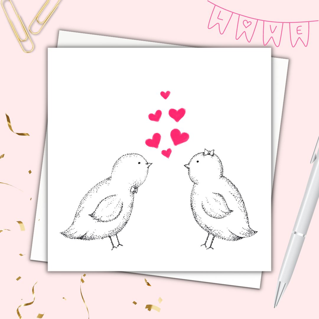 Image shows two birds chirping to each other with multiple love hearts forming in between them. the hearts are pink and the birds are drawn from tiny dots. image is laid on a cream surface with the word love on the top right and gold confetti at the bottom left. 