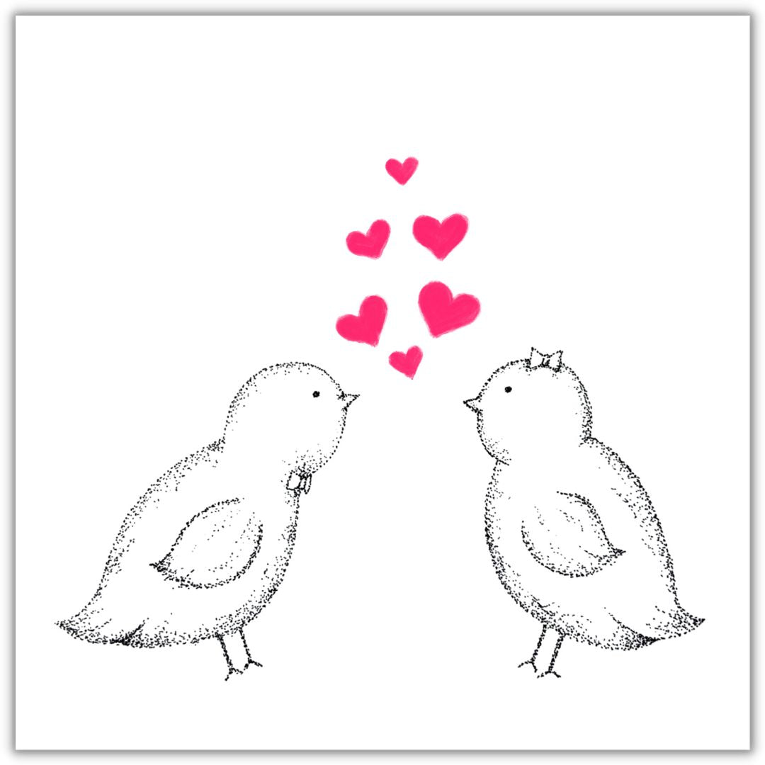 Image shows two birds chirping to each other with multiple love hearts forming in between them. the hearts are pink and the birds are drawn from tiny dots. Image is laid on a white plain paper. 