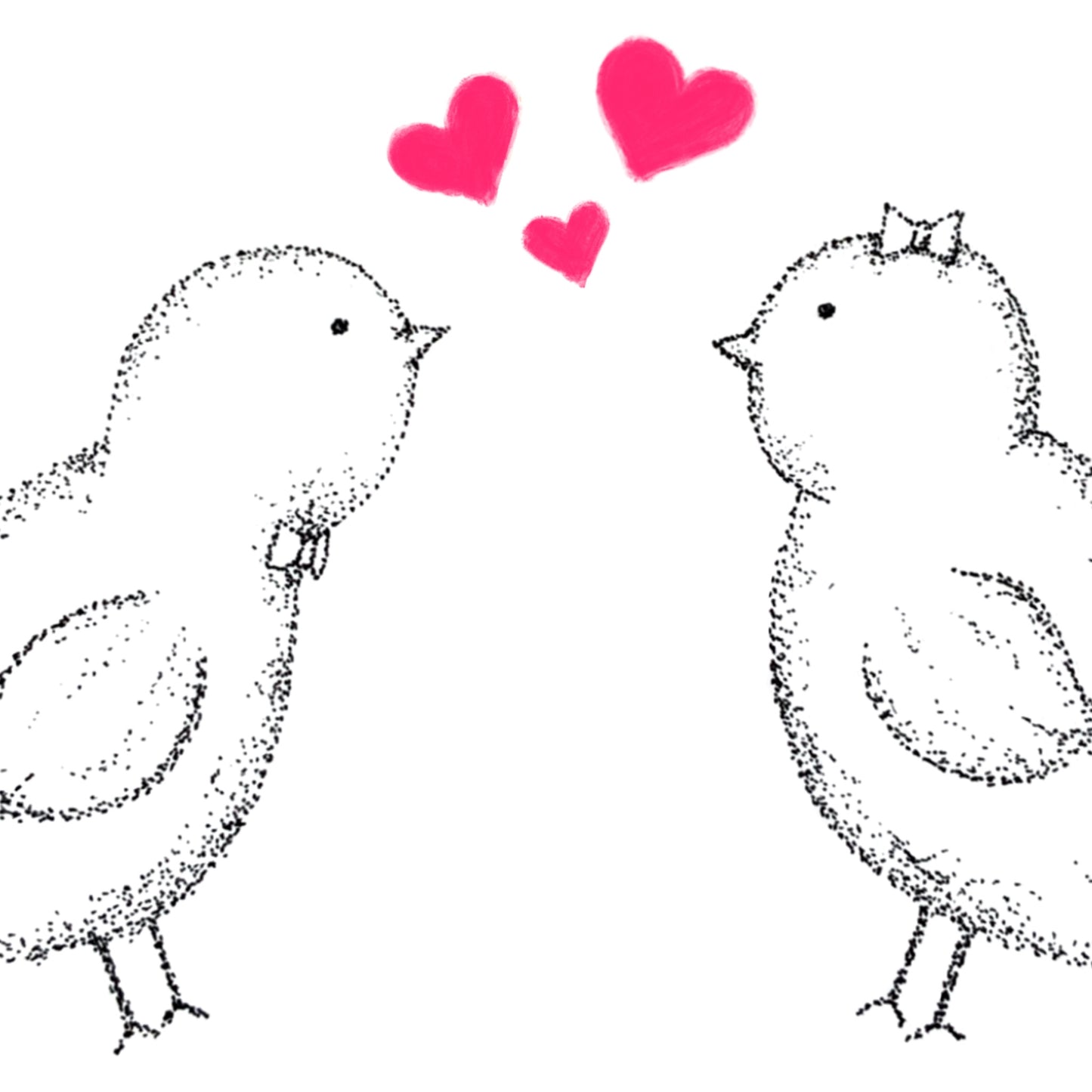 Image shows two birds chirping to each other with multiple love hearts forming in between them. the hearts are pink and the birds are drawn from tiny dots