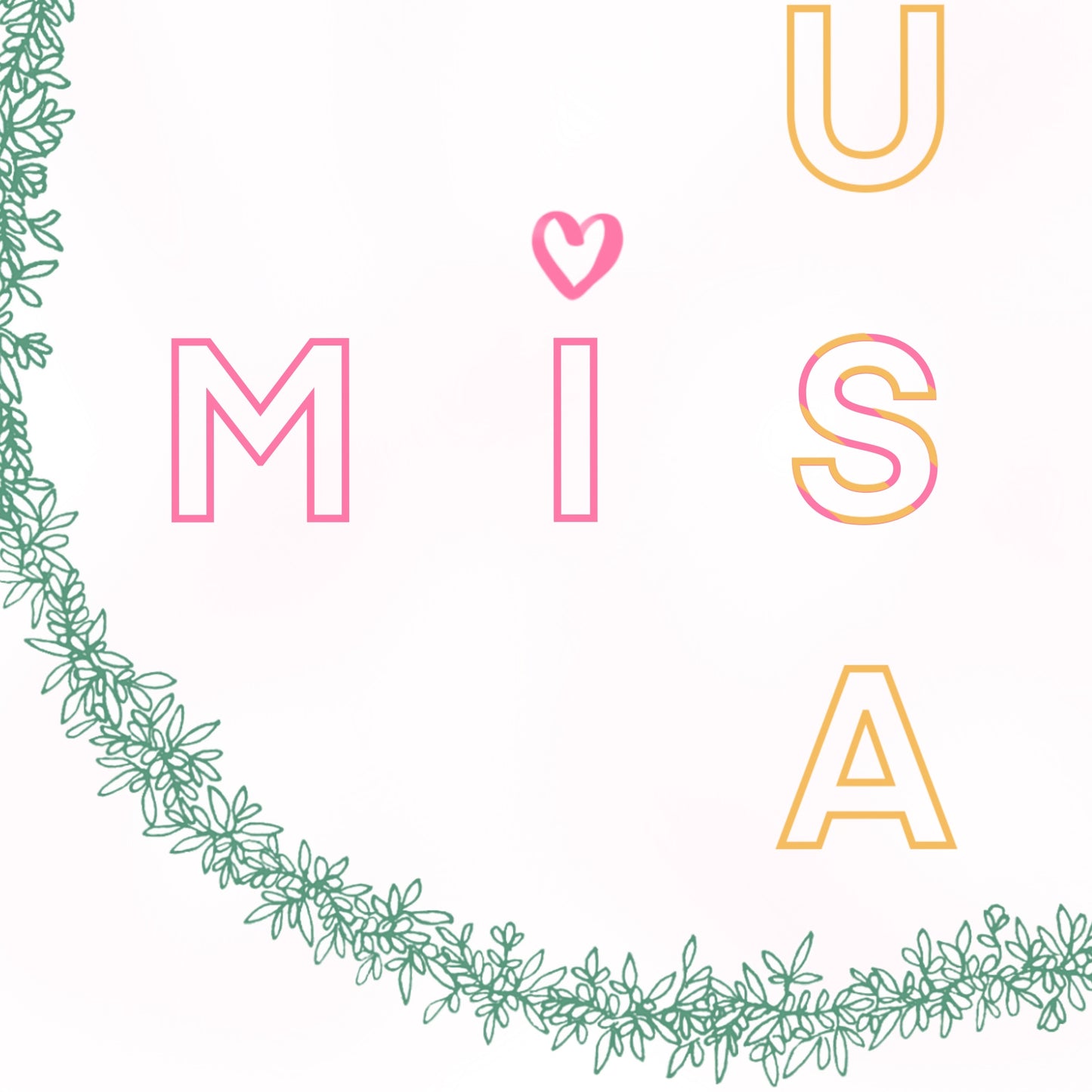 Image shows card illustration with the saying Irish Mise Tusa meaning Me You. Mise is drawn going across the card whilst Tusa is drawn going down the card. Mise is drawn in pink block capitals and Tusa is drawn in yellow block capitals. The I in Mise has a heart drawn on top. the text is circled by green petal flower and plant drawings. Image is shot in a close up view to illustrate the smaller details such as the multi coloured S in MISE. 