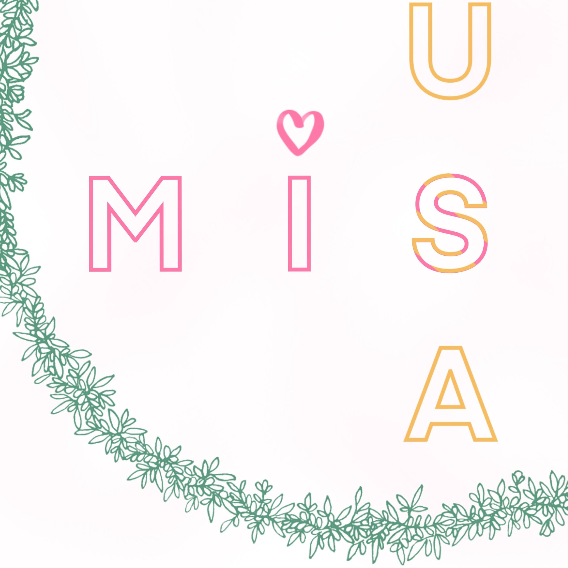 Image shows card illustration with the saying Irish Mise Tusa meaning Me You. Mise is drawn going across the card whilst Tusa is drawn going down the card. Mise is drawn in pink block capitals and Tusa is drawn in yellow block capitals. The I in Mise has a heart drawn on top. the text is circled by green petal flower and plant drawings. Image is shot in a close up view to illustrate the smaller details such as the multi coloured S in MISE. 