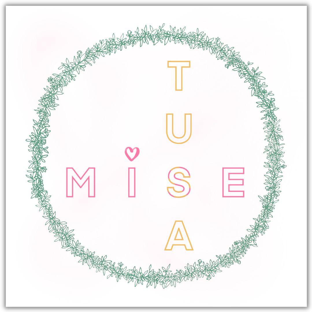 Image shows card illustration with the saying Irish Mise Tusa meaning Me You. Mise is drawn going across the card whilst Tusa is drawn going down the card. Mise is drawn in pink block capitals and Tusa is drawn in yellow block capitals. The I in Mise has a heart drawn on top. the text is circled by green petal flower and plant drawings. Image is drawn on plain white card to show how product would be purchased. 