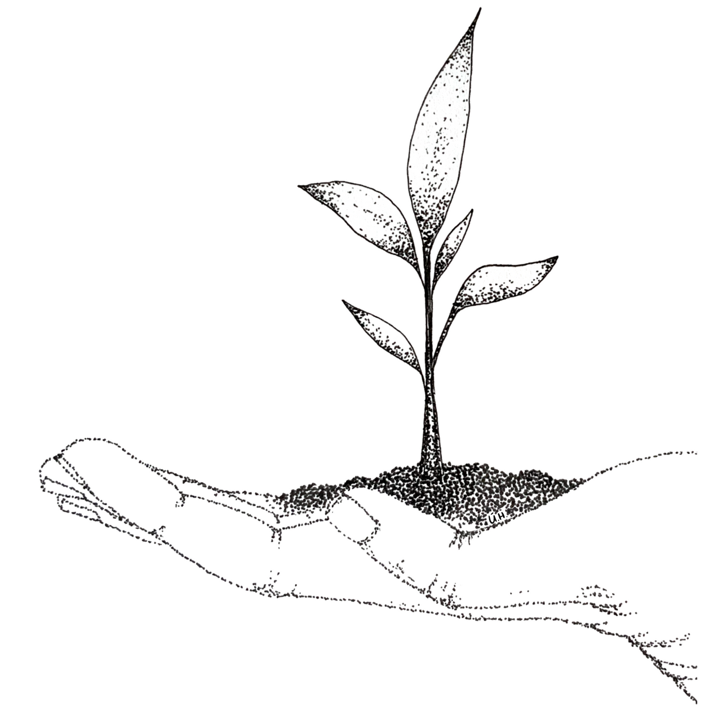 Image shows illustration of a hand a baby sapling. Image is made entirely of tiny black dots. image is shown in a close up view to display the detailed drawing. 