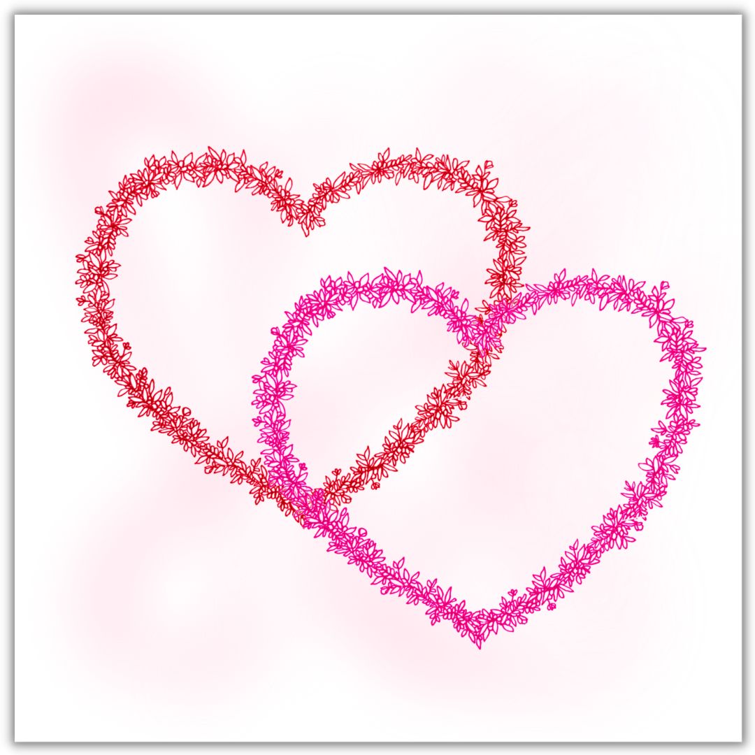 Image shows two hearts ( red & pink) illustration made from floral drawings. hearts meet ways. Image is shown with a white background. 