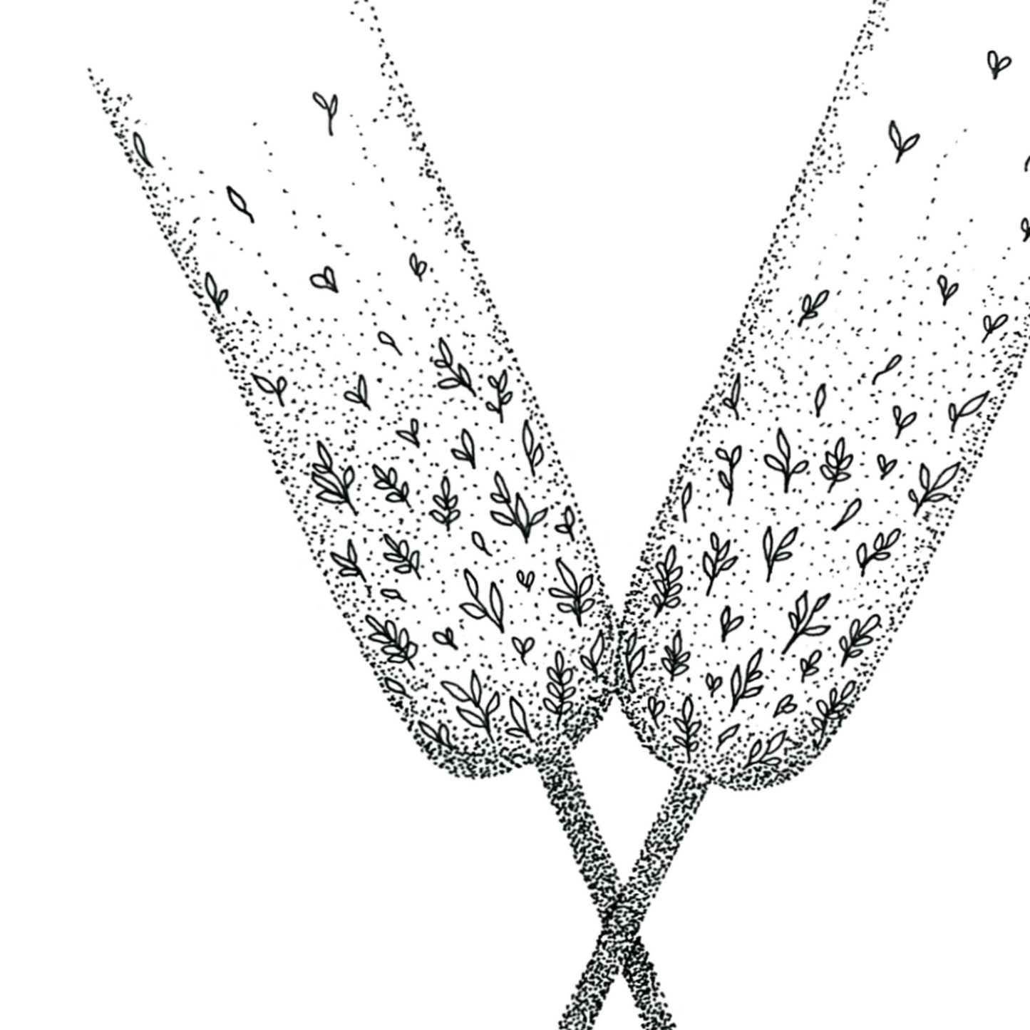 image shows close up of black and white floral drawing making up two champagne glasses clinking together. image also is made from dots.